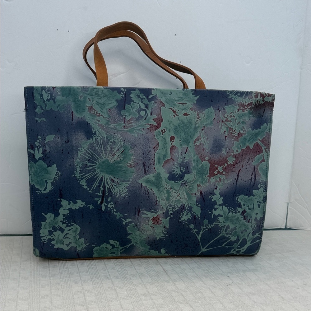 Bananna Republic Silk tote in blue, purple and teal floral with leather Handles